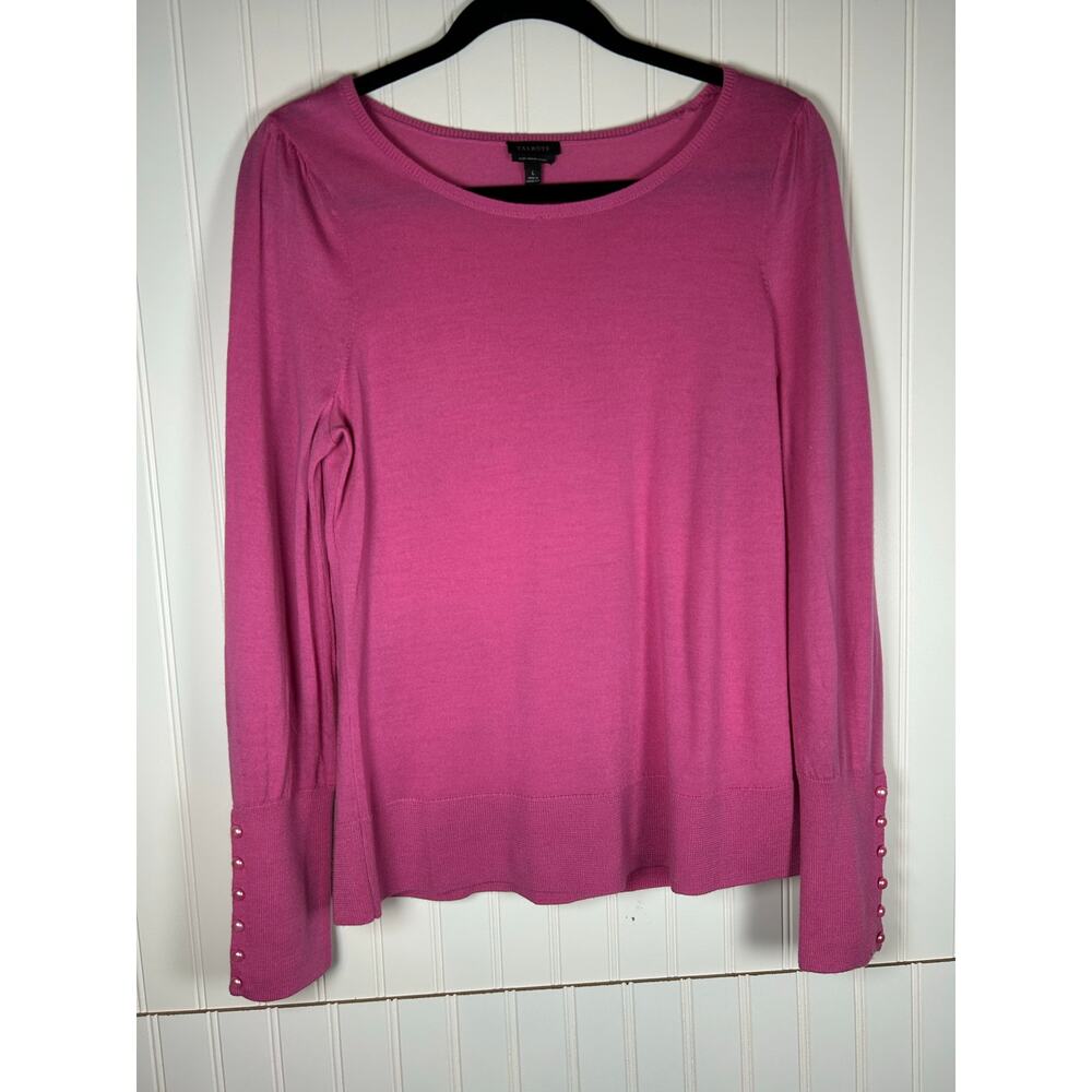 Talbots 100% merino wool hot pink, Barbie preppy buttons round neck office Sz L